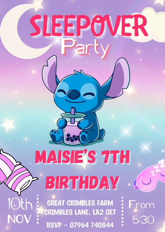 Stitch Sleepover Birthday Invitation | Bubble Tea Theme