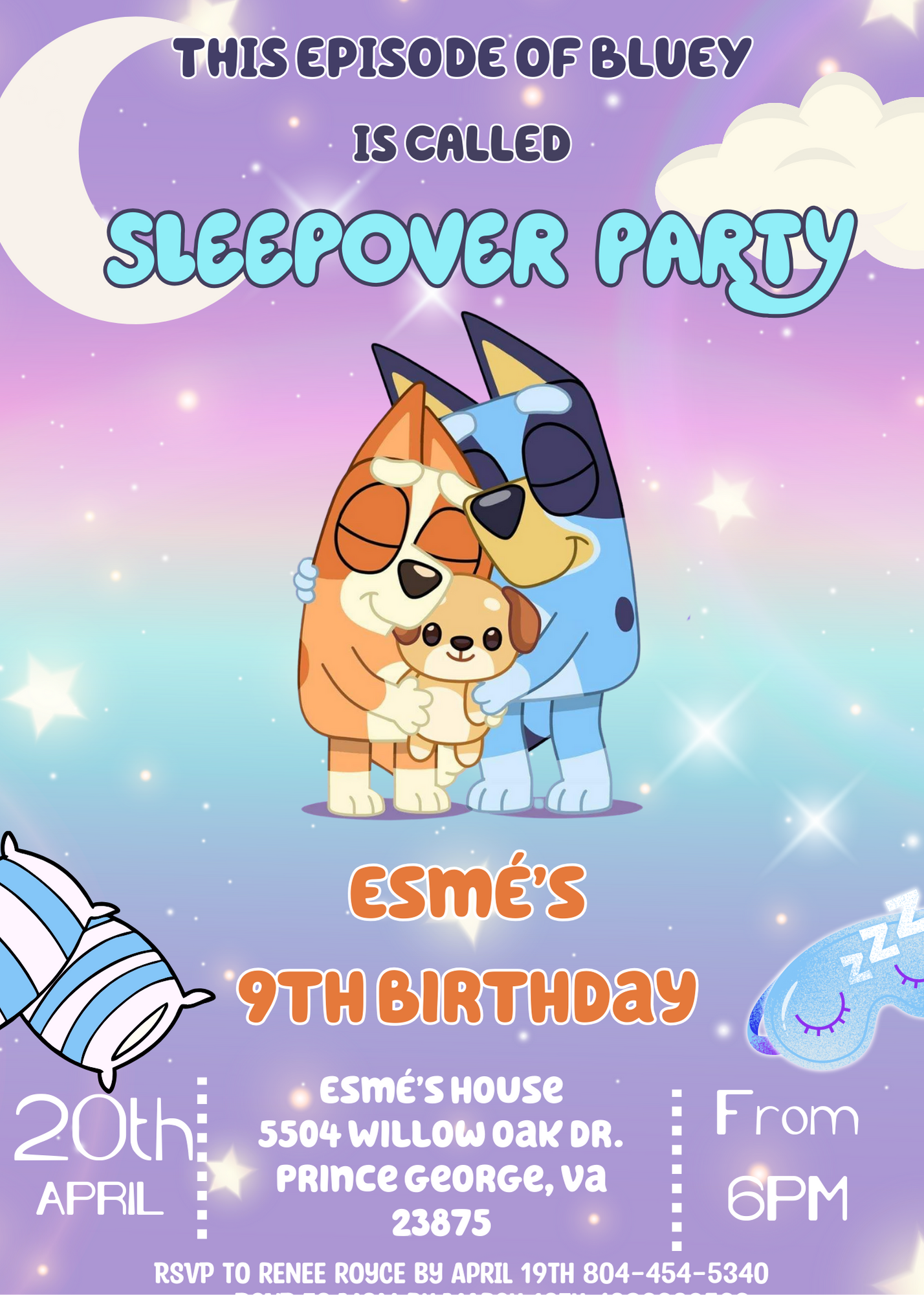 Bluey and Bingo Sleepover Birthday Party Invitation | Customizable Kids Slumber Party Invite