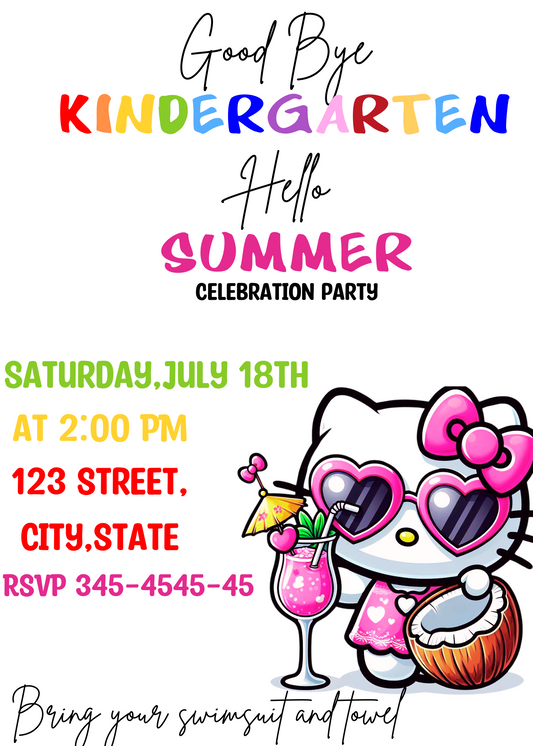 Hello Kitty Goodbye Kindergarten Hello Summer Invitation End of Preschool Kawaii Party Invite So Long School Last Day of School Schools Out Pre-K