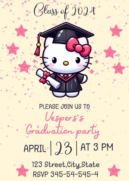 Hello Kitty Graduation Party Invitation | Self Editable In Canva | Kawaii Graduation Invitation | Printable Template | Editable Download