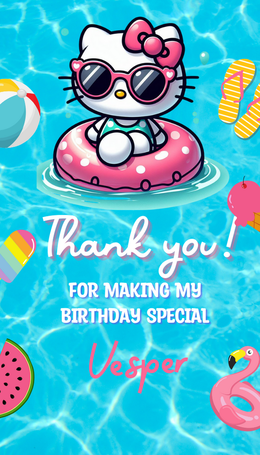 Hello Kitty Pool Birthday Thank You Gift Tag - Printable Pool Party Favor Label Editable Template Instant Download Digital