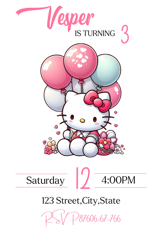 Hello Kitty Birthday Invitation - Kawaii Pink Party Invite - Customizable Digital Template - Kids Birthday Card"