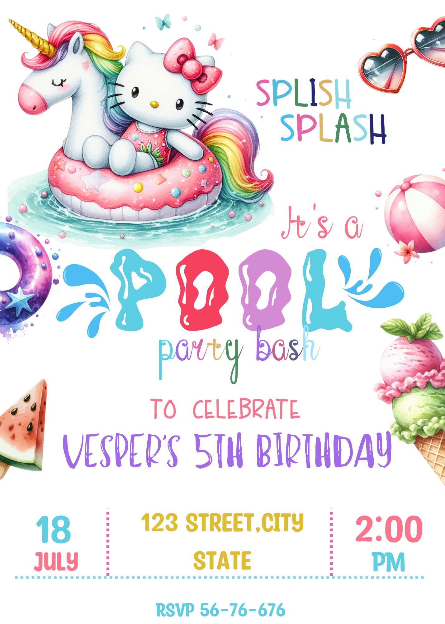 Editable Hello Kitty Watercolor Pool Party Unicorn Invitation - Canva Template