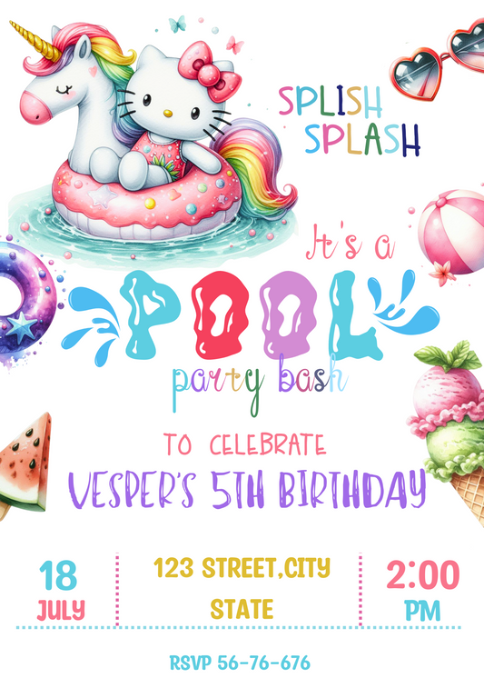 Editable Hello Kitty Watercolor Pool Party Unicorn Invitation - Canva Template