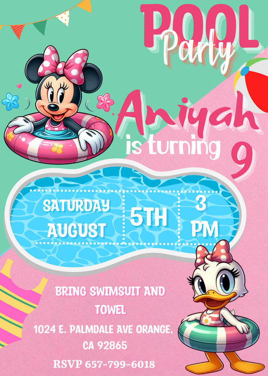 Disney Pool Party Invitation: Minnie Mouse and Daisy Duck Pool Birthday Bash