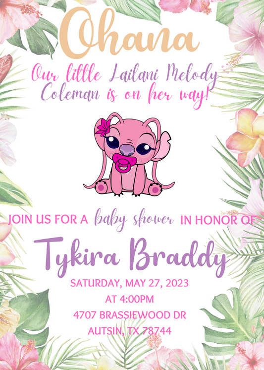 Stitch Baby Shower Ohana Pink Angel and Stitch Invitation | Tropical Celebration