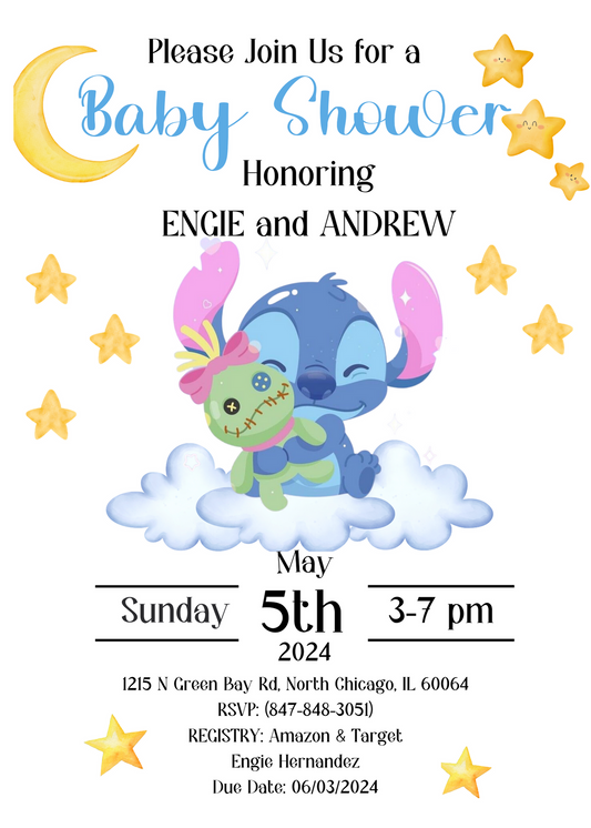 Stitch Baby Shower Invitation | Moon, Star, Cloud Theme | Whimsical Celestial Celebration