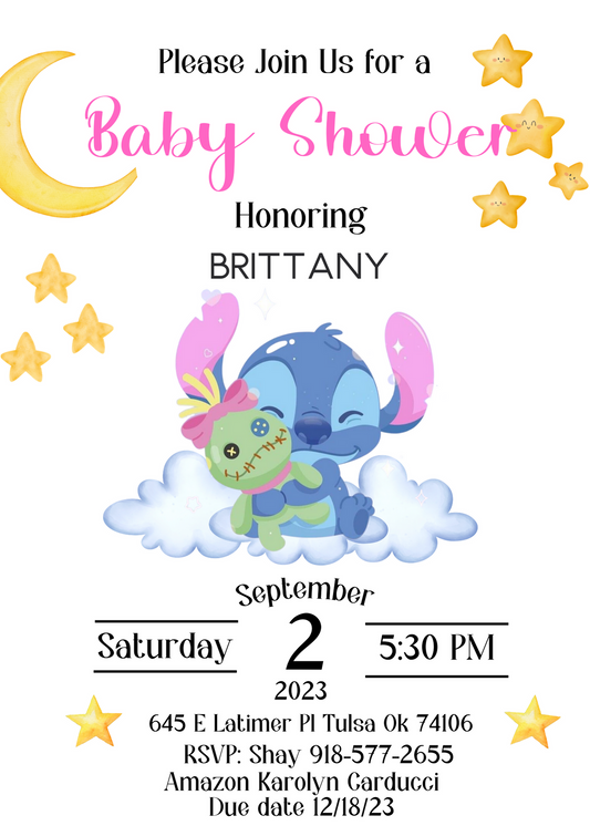 Stitch Baby Shower Invitation | Moon and Pink Cloud Theme