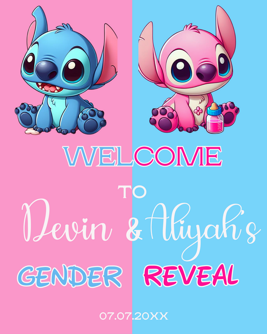 Stitch and Angel Gender Reveal Welcome Sign: Ohana Tropical Theme