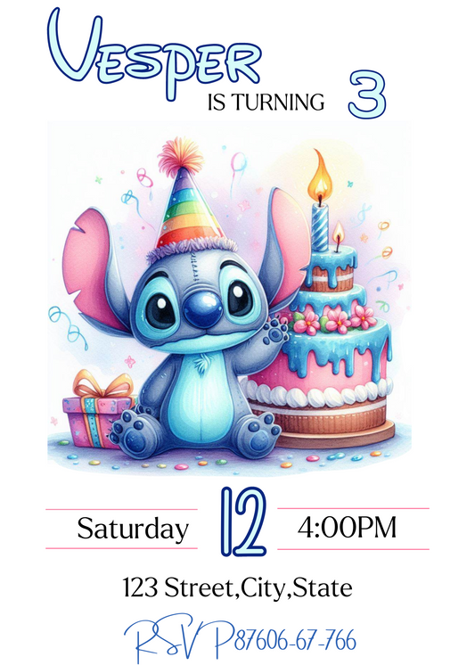 Stitch Birthday Hat Watercolor Hand Drawn Birthday Invitation