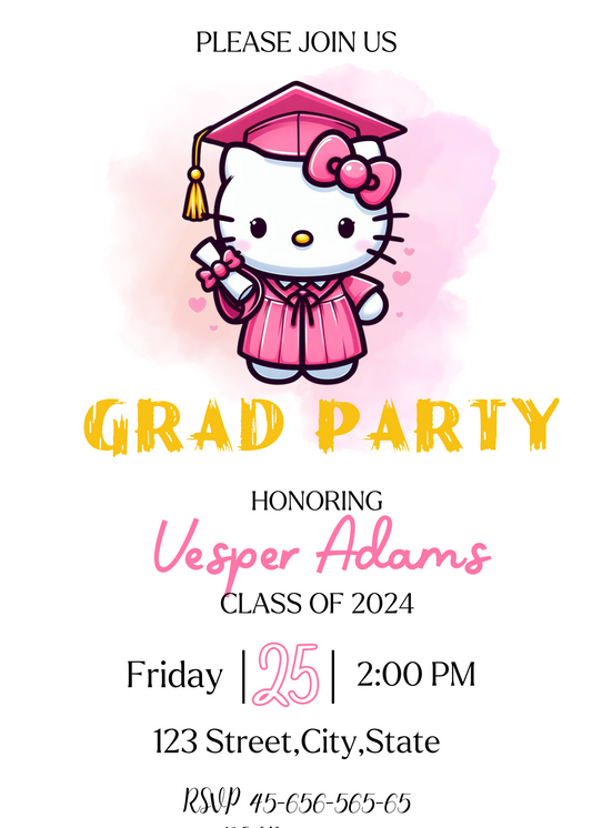 Hello Kitty Pink Graduation Invitation - Kawaii Grad Party Invite - Customizable Printable Template